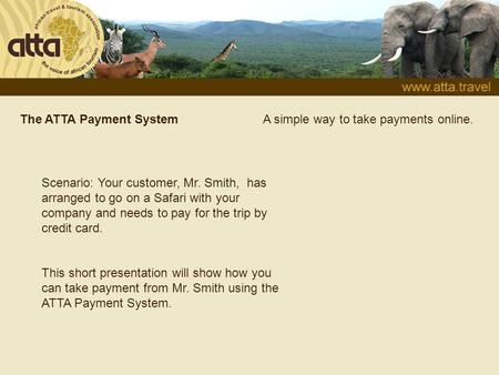 The ATTA Payment System Scenario: Your customer, Mr. Smith, has arranged to go on a Safari with your company and needs to pay for the trip by credit card.