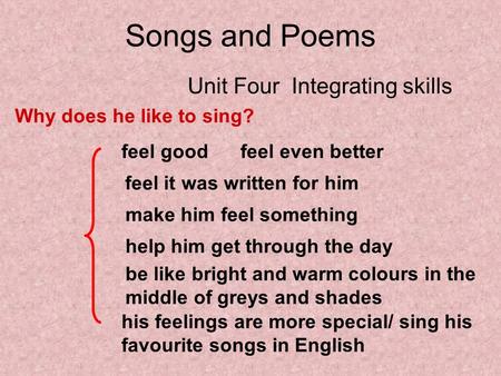 Songs and Poems Unit Four Integrating skills Why does he like to sing? feel good feel even better feel it was written for him make him feel something help.