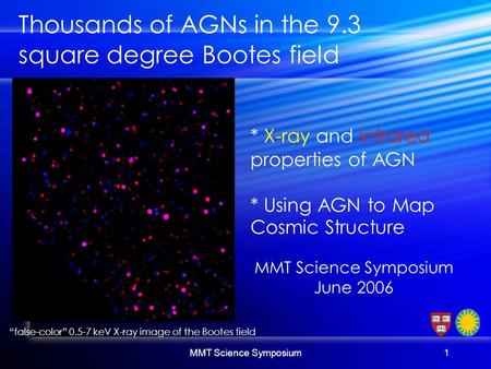 MMT Science Symposium1 “false-color” 0.5-7 keV X-ray image of the Bootes field Thousands of AGNs in the 9.3 square degree Bootes field * X-ray and infrared.