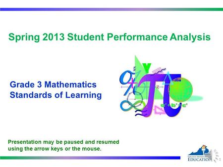 Spring 2013 Student Performance Analysis Grade 3 Mathematics Standards of Learning 1 Presentation may be paused and resumed using the arrow keys or the.