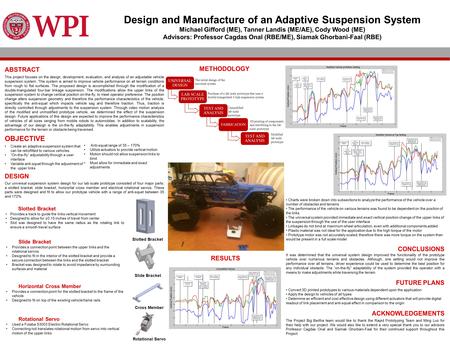 Design and Manufacture of an Adaptive Suspension System Michael Gifford (ME), Tanner Landis (ME/AE), Cody Wood (ME) Advisors: Professor Cagdas Onal (RBE/ME),