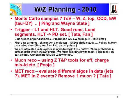 1 W/Z Planning - 2010 Monte Carlo samples 7 TeV – W, Z, top, QCD, EW (tau+DY).. [ Ping and Wayne State ] Trigger – L1 and HLT. Good runs. Lumi segments.