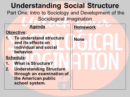 Understanding Social Structure Part One: Intro to Sociology and Development of the Sociological Imagination Agenda Objective: To understand structure.