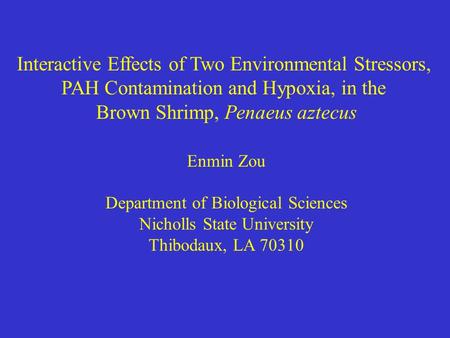 Interactive Effects of Two Environmental Stressors, PAH Contamination and Hypoxia, in the Brown Shrimp, Penaeus aztecus Enmin Zou Department of Biological.