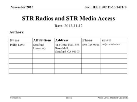 Doc.: IEEE 802.11-13/1421r0 Submission November 2013 Philip Levis, Stanford UniversitySlide 1 STR Radios and STR Media Access Date: 2013-11-12 Authors: