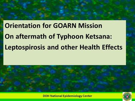 DOH National Epidemiology Center Orientation for GOARN Mission On aftermath of Typhoon Ketsana: Leptospirosis and other Health Effects.