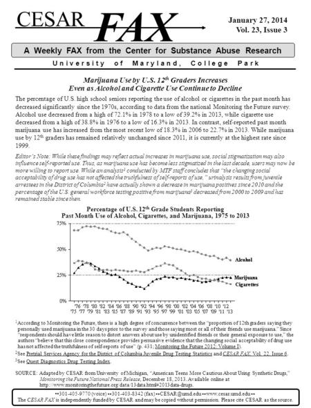 CESAR FAX U n i v e r s i t y o f M a r y l a n d, C o l l e g e P a r k A Weekly FAX from the Center for Substance Abuse Research January 27, 2014 Vol.