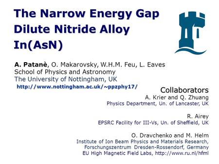 The Narrow Energy Gap Dilute Nitride Alloy In(AsN) A. Patanè, O. Makarovsky, W.H.M. Feu, L. Eaves School of Physics and Astronomy The University of Nottingham,