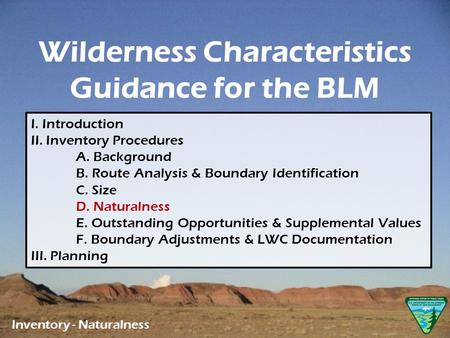 Inventory - Naturalness I. Introduction II. Inventory Procedures A. Background B. Route Analysis & Boundary Identification C. Size D. Naturalness E. Outstanding.