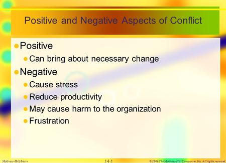 Positive and Negative Aspects of Conflict Positive Can bring about necessary change Negative Cause stress Reduce productivity May cause harm to the organization.