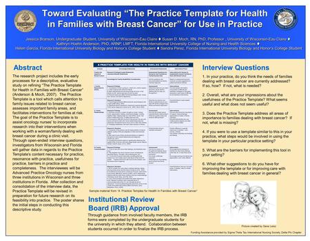 Toward Evaluating “The Practice Template for Health in Families with Breast Cancer” for Use in Practice Jessica Branson, Undergraduate Student, University.