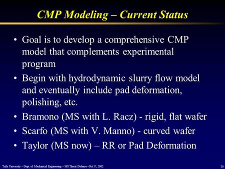 CMP Modeling – Current Status Goal is to develop a comprehensive CMP model that complements experimental program Begin with hydrodynamic slurry flow model.