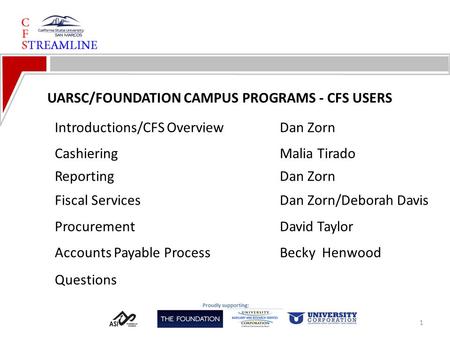 1 UARSC/FOUNDATION CAMPUS PROGRAMS - CFS USERS ReportingDan Zorn Introductions/CFS OverviewDan Zorn Fiscal Services Dan Zorn/Deborah Davis Accounts Payable.