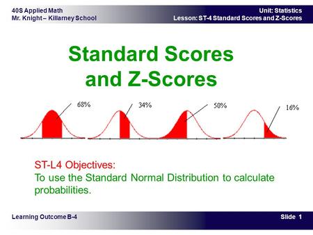 40S Applied Math Mr. Knight – Killarney School Slide 1 Unit: Statistics Lesson: ST-4 Standard Scores and Z-Scores Standard Scores and Z-Scores Learning.