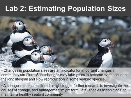 Lab 2: Estimating Population Sizes Changes in population sizes are an indicator for important changes in community structure. Such changes may take years.