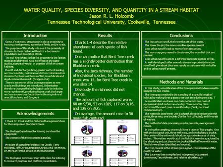 WATER QUALITY, SPECIES DIVERSITY, AND QUANTITY IN A STREAM HABITAT Jason R. L. Holcomb Tennessee Technological University, Cookeville, Tennessee Introduction.