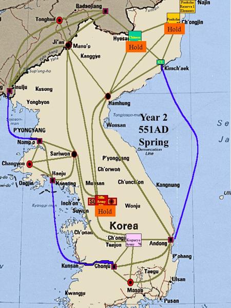 Koguryo Army 76 Paekche Army 75 Paekche Reserve 1 Elements C1 Year 2 551AD Spring C2 Silla Army 77b Chinese Army 79 Hold.