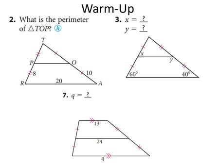 Warm-Up. Properties of Parallelograms Discover properties of parallelograms Learn new vocabulary related to vectors Practice construction skills Develop.