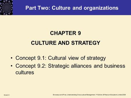 Browaeys and Price, Understanding Cross-cultural Management, 1 st Edition, © Pearson Education Limited 2009 Slide 9.1 Part Two: Culture and organizations.