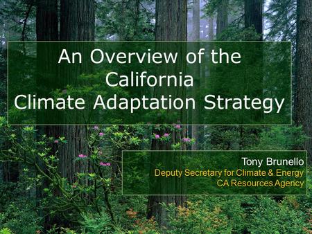 An Overview of the California Climate Adaptation Strategy Tony Brunello Deputy Secretary for Climate & Energy CA Resources Agency.