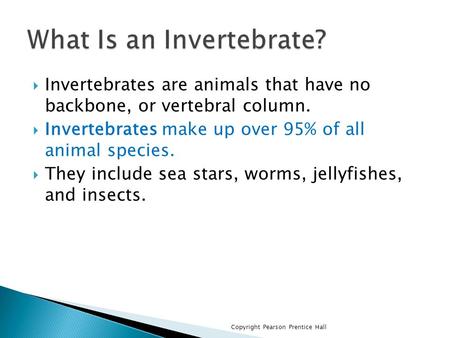  Invertebrates are animals that have no backbone, or vertebral column.  Invertebrates make up over 95% of all animal species.  They include sea stars,