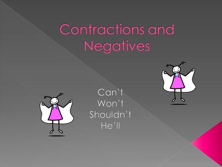  A contraction is a shortened form of 2 words.  Use an apostrophe in place of the missing letters.  Examples: › I am I’m › He will he’ll › Can not.