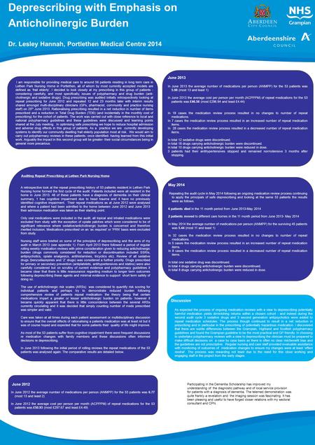 Deprescribing with Emphasis on Anticholinergic Burden Dr. Lesley Hannah, Portlethen Medical Centre 2014 I am responsible for providing medical care to.