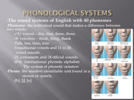 PHONOLOGICAL SYSTEMS The sound systems of English with 40 phonemes