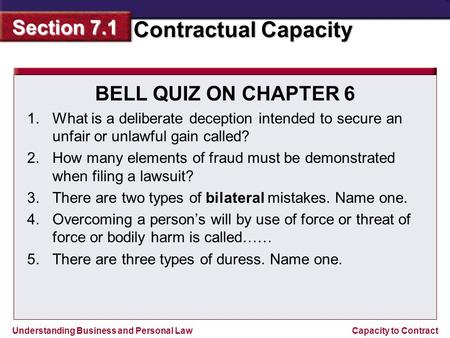 Understanding Business and Personal Law Contractual Capacity Section 7.1 Capacity to Contract BELL QUIZ ON CHAPTER 6 1.What is a deliberate deception intended.