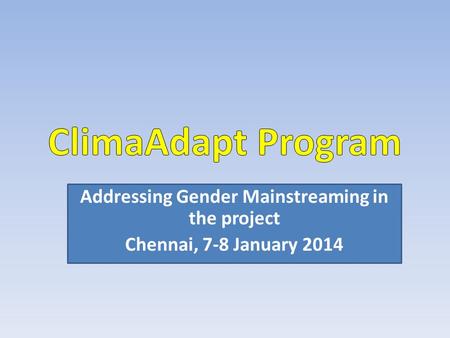 Addressing Gender Mainstreaming in the project Chennai, 7-8 January 2014.