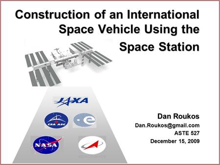 Construction of an International Space Vehicle Using the Space Station Dan Roukos ASTE 527 December 15, 2009.