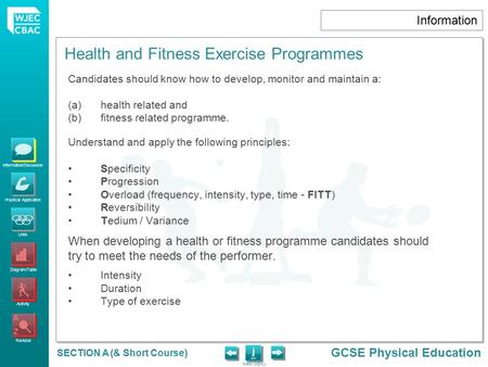 Information/Discussion Practical Application Links Diagram/Table Activity Revision GCSE Physical Education MAIN MENU Health and Fitness Exercise Programmes.