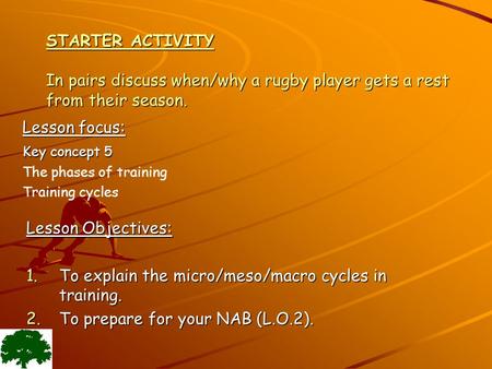 STARTER ACTIVITY In pairs discuss when/why a rugby player gets a rest from their season. Lesson Objectives: 1.To explain the micro/meso/macro cycles in.