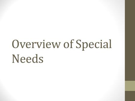 Overview of Special Needs. Hearing Impairments- Problem in one or more parts of the ears. Congenital - Present since birth in one or more parts of the.