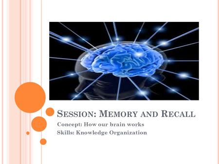 S ESSION : M EMORY AND R ECALL Concept: How our brain works Skills: Knowledge Organization.