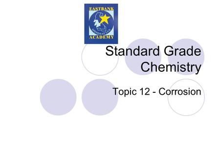 Standard Grade Chemistry Topic 12 - Corrosion. Corrosion Corrosion is the changing of the surface of the metal from an element into a compound. This natural.