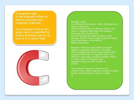 A magnetic field is the magnetic effect of electric currents and magnetic materials The magnetic field at any given point is specified by both a direction.