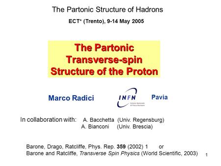 1 The Partonic Transverse-spin Structure of the Proton Marco Radici Pavia The Partonic Structure of Hadrons ECT* (Trento), 9-14 May 2005 Barone, Drago,