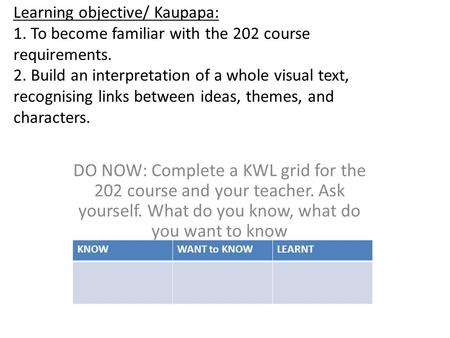 Learning objective/ Kaupapa: 1. To become familiar with the 202 course requirements. 2. Build an interpretation of a whole visual text, recognising links.