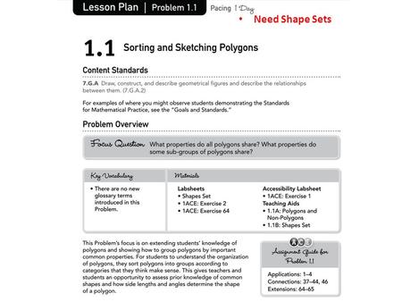 Need Shape Sets. Launch: Connecting to Prior Knowledge: Finding an acceptable mathematical definition for polygon turns out to be tricky. The basic idea.