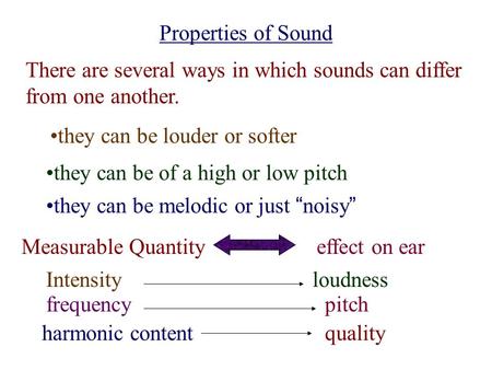 Properties of Sound There are several ways in which sounds can differ from one another. they can be louder or softer they can be of a high or low pitch.