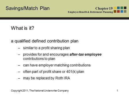 Chapter 19 Employee Benefit & Retirement Planning Savings/Match Plan Copyright 2011, The National Underwriter Company1 What is it? a qualified defined.