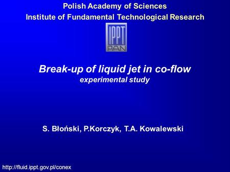 Polish Academy of Sciences Institute of Fundamental Technological Research  Break-up of liquid jet in co-flow experimental.