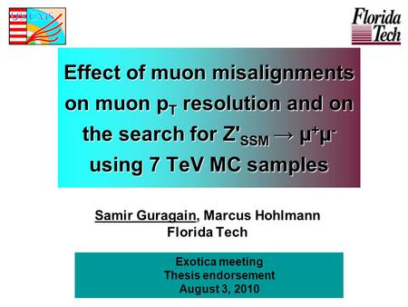 Effect of muon misalignments on muon p T resolution and on the search for Z' SSM → µ + µ - using 7 TeV MC samples Samir Guragain, Marcus Hohlmann Florida.