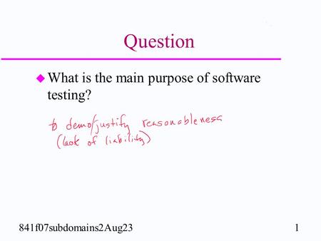 1841f07subdomains2Aug23 Question u What is the main purpose of software testing?