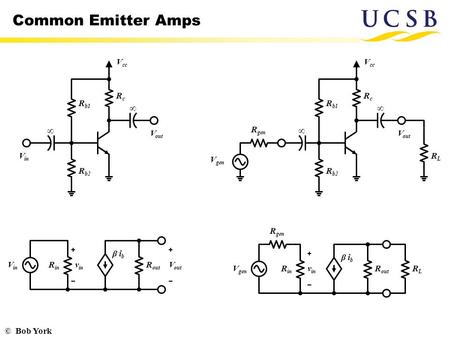 © Bob York Common Emitter Amps V gen R gen V cc V out RcRc V gen R in R gen v in ∞ ∞ R b1 R b2 V in V cc V out RcRc ∞ ∞ R b1 R b2 RLRL R out RLRL V in.