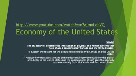 Economy of the United States SSWG8 The student will describe the.