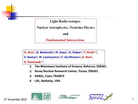 27 November 20151 Light Radio-isotopes Nuclear Astrophysics, Neutrino Physics and Fundamental Interactions O. Aviv 1, D. Berkovits 2, M. Hass 1, O. Heber.