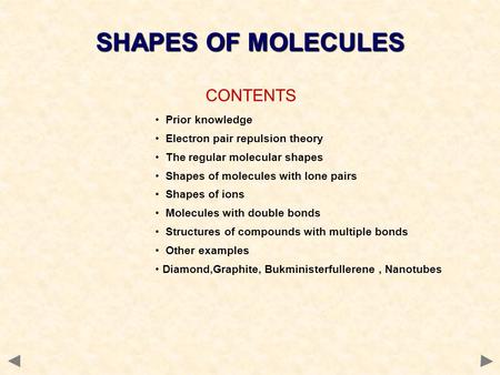 SHAPES OF MOLECULES CONTENTS Prior knowledge