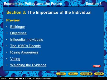 Economics, Policy,and the FutureSection 3 Section 3: The Importance of the Individual Preview Bellringer Objectives Influential Individuals The 1960’s.